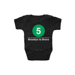 Baby Classic Subway Logo Romper | Black romper with a blue circle featuring a white "5". Text below reads: "Brooklyn to Bronx." Perfect for fans of the NYC Subway Line.