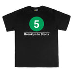 Classic Subway Tees | Black t-shirt with a blue circle featuring a white "5". Text below reads: "Brooklyn to Bronx." Perfect for fans of the NYC Subway Line.