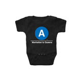 Baby Classic Subway Logo Romper | Black romper with a blue circle featuring a white "A". Text below reads: "Manhattan to Queens." Perfect for fans of the NYC Subway Line.