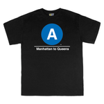 Classic Subway Tees | Black t-shirt with a blue circle featuring a white "A". Text below reads: "Manhattan to Queens." Perfect for fans of the NYC Subway Line.