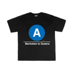 Toddler Classic Subway Logo Tee | Black t-shirt with a blue circle featuring a white "A". Text below reads: "Manhattan to Queens." Perfect for fans of the NYC Subway Line.