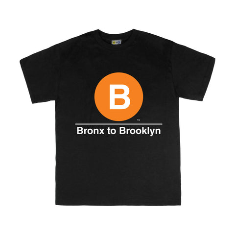 Kids Classic Subway Logo Tee | Black t-shirt with a blue circle featuring a white "B". Text below reads: "Bronx to Brooklyn." Perfect for fans of the NYC Subway Line.