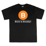 Classic Subway Tees | Black t-shirt with a blue circle featuring a white "B". Text below reads: "Bronx to Brooklyn." Perfect for fans of the NYC Subway Line.