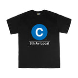 Kids Classic Subway Logo Tee | Black t-shirt with a blue circle featuring a white "C". Text below reads: "8th Av Local." Perfect for fans of the NYC Subway Line.