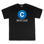 Classic Subway Tees | Black t-shirt with a blue circle featuring a white "C". Text below reads: "8th Av Local." Perfect for fans of the NYC Subway Line.