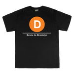 Classic Subway Tees | Black t-shirt with a blue circle featuring a white "D". Text below reads: "Bronx to Brooklyn." Perfect for fans of the NYC Subway Line.