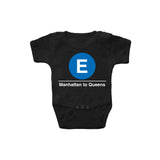 Baby Classic Subway Logo Romper | Black romper with a blue circle featuring a white "E". Text below reads: "Manhattan to Queens." Perfect for fans of the NYC Subway Line.