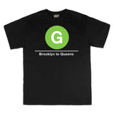 Classic Subway Tees | Black t-shirt with a blue circle featuring a white "G". Text below reads: "Brooklyn to Queens." Perfect for fans of the NYC Subway Line.