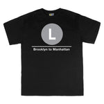 Classic Subway Tees | Black t-shirt with a blue circle featuring a white "L". Text below reads: "Brooklyn to Manhattan." Perfect for fans of the NYC Subway Line.