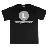 Classic Subway Tees | Black t-shirt with a blue circle featuring a white "L". Text below reads: "Brooklyn to Manhattan." Perfect for fans of the NYC Subway Line.