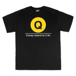 Classic Subway Tees | Black t-shirt with a blue circle featuring a white "A". Text below reads: "Manhattan to Queens." Perfect for fans of the NYC Subway Line.