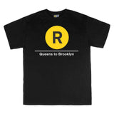 Classic Subway Tees | Black t-shirt with a blue circle featuring a white  "R". Text below reads: "Queens to Brooklyn." Perfect for fans of the NYC Subway Line.