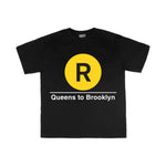 Toddler Classic Subway Logo Tee | Black t-shirt with a blue circle featuring a white  "R". Text below reads: "Queens to Brooklyn." Perfect for fans of the NYC Subway Line.