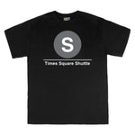 Classic Subway Tees | Black t-shirt with a blue circle featuring a white  "S". Text below reads: "Times Square Shuttle." Perfect for fans of the NYC Subway Line.