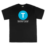 Classic Subway Tees | Black t-shirt with a blue circle featuring a white "T". Text below reads: "2nd Av Local." Perfect for fans of the NYC Subway Line.