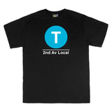 Classic Subway Tees | Black t-shirt with a blue circle featuring a white "T". Text below reads: "2nd Av Local." Perfect for fans of the NYC Subway Line.