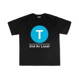 Toddler Classic Subway Logo Tee | Black t-shirt with a blue circle featuring a white "T". Text below reads: "2nd Av Local." Perfect for fans of the NYC Subway Line.