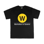 Kids Classic Subway Logo Tee | Black t-shirt with a blue circle featuring a white "W". Text below reads: "Manhattan to Queens." Perfect for fans of the NYC Subway Line.