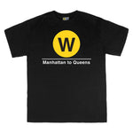 Classic Subway Tees | Black t-shirt with a blue circle featuring a white "W". Text below reads: "Manhattan to Queens." Perfect for fans of the NYC Subway Line.