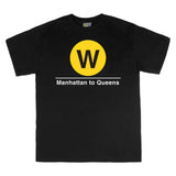 Classic Subway Tees | Black t-shirt with a blue circle featuring a white "W". Text below reads: "Manhattan to Queens." Perfect for fans of the NYC Subway Line.