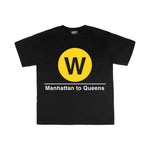 Toddler Classic Subway Logo Tee | Black t-shirt with a blue circle featuring a white "W". Text below reads: "Manhattan to Queens." Perfect for fans of the NYC Subway Line.