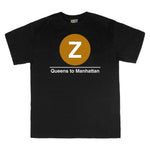 Classic Subway Tees | Black t-shirt with a blue circle featuring a white "Z". Text below reads: " Manhattan to Queens." Perfect for fans of the NYC Subway Line.