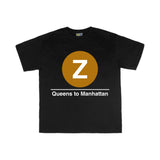 Toddler Classic Subway Logo Tee | Black t-shirt with a blue circle featuring a white "Z". Text below reads: " Manhattan to Queens." Perfect for fans of the NYC Subway Line.