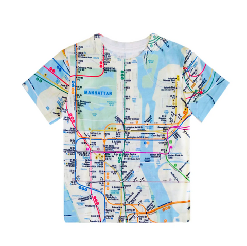 All-over NYC subway map t-shirt featuring front, back, and sleeve designs with a soft, silky feel, 100% Soft Polyester Tee for Men