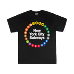 NYC Subway Line Toddler Multi-Circle Tee | Black Toddler Tee featuring a colorful circular design of 23 NYC subway line symbols surrounding the text 'New York City Subways,' made from 100% cotton