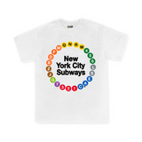 NYC Subway Line Toddler Multi-Circle Tee | White Toddler Tee featuring a colorful circular design of 23 NYC subway line symbols surrounding the text 'New York City Subways,' made from 100% cotton