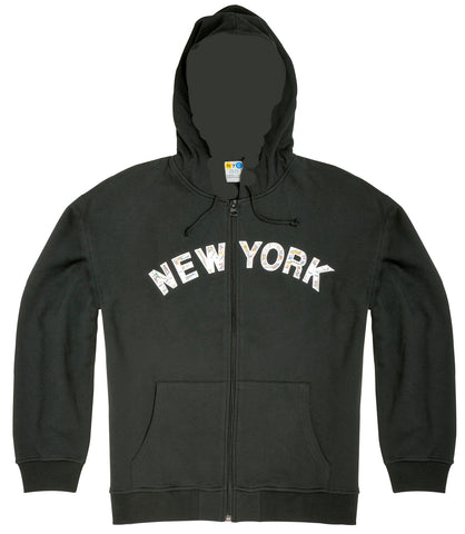 Small-sized black zip-up hoodie for adults with the text 'New York' in a bold applique graphic design on the chest, featuring front pockets, drawstring hood, and ribbed cuffs.