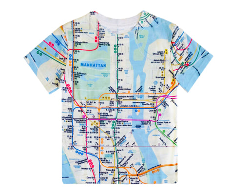 Kids All-Over Map Tee | NYC Subway Line | All-over NYC subway map Kids Tee featuring front, back, and sleeve designs with a soft, silky feel, 100% Soft Polyester Tee for Kids